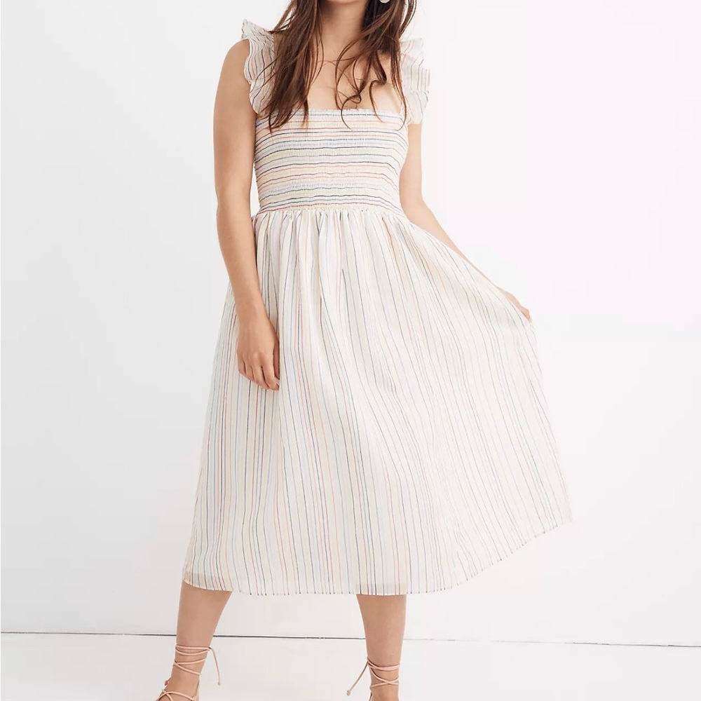 Madewell Ruffle Strap Smocked Rainbow Stripe Midi Dress SMALL